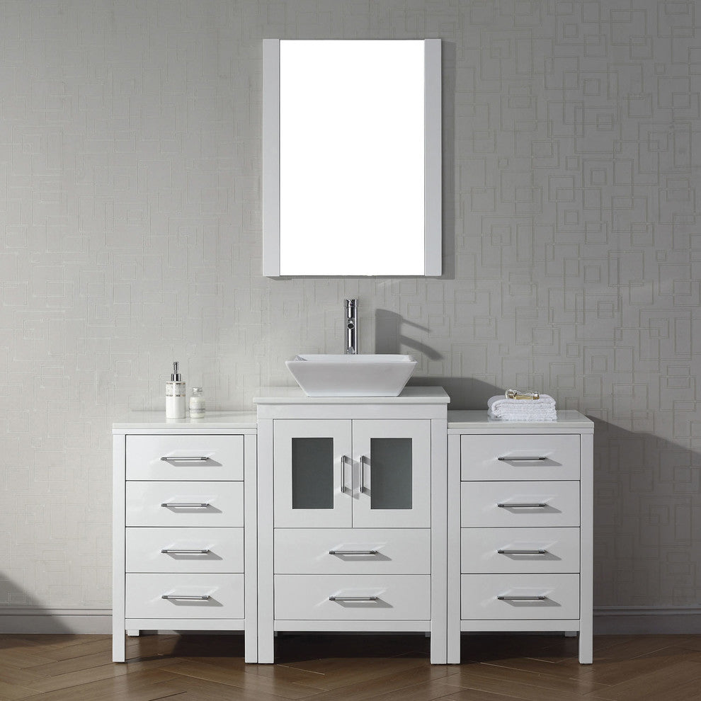 Virtu Dior 60" Single Bathroom Vanity, White With White Top, Faucet and Mirror
