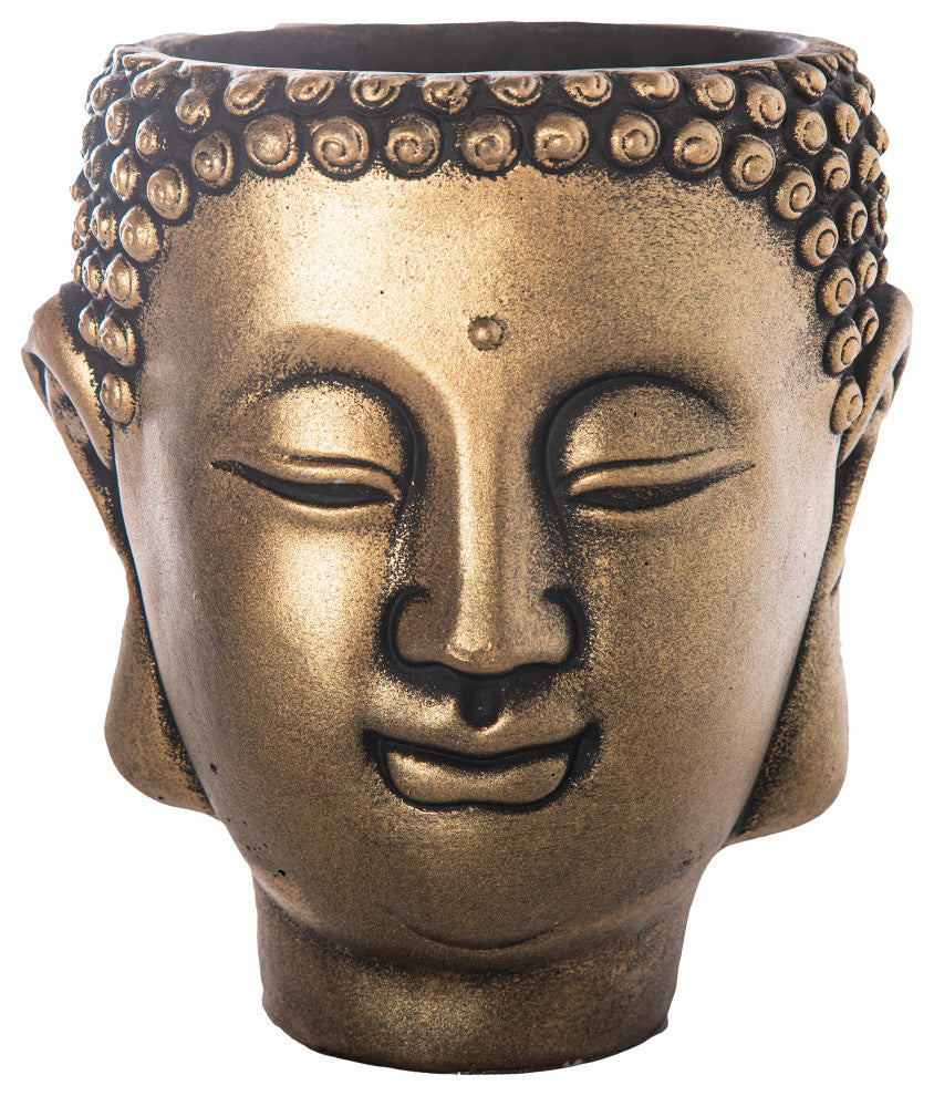 Round Cement Buddha Head Pot Washed Painted Gold Finish, Large