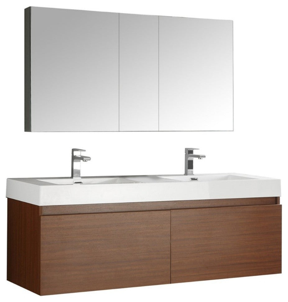 Mezzo 60" Teak Wall Hung Double Sink Modern Bathroom Vanity, FFT9151CH
