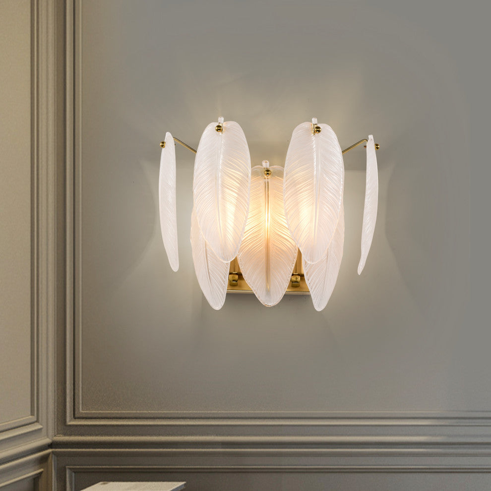 Cervine 2-Light Brushed Shiny Brass Feather-shaped Glass Wall Sconce
