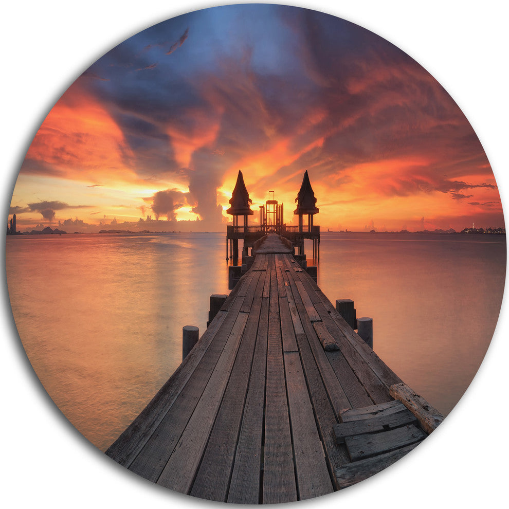Glowing Sky And Long Wooden Bridge, Sea Pier Round Wall Art, 23"
