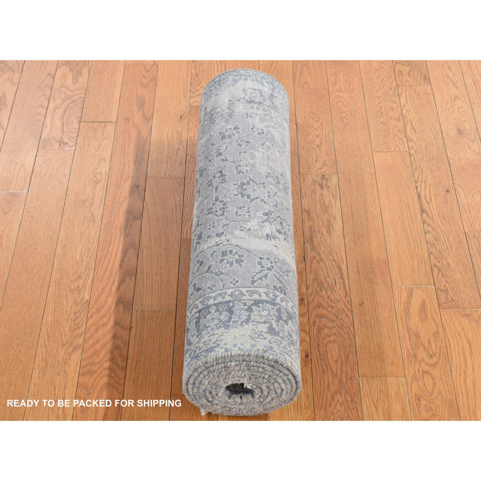 Gray, Erased Kashan Design, Wool With Silk Hand Knotted Runner Rug, 2'6"x9'10"