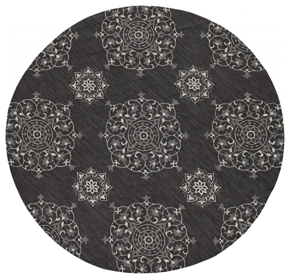 5'X8' Charcoal Grey Hand Woven Uv Treated Floral Disk Indoor Outdoor Area Rug