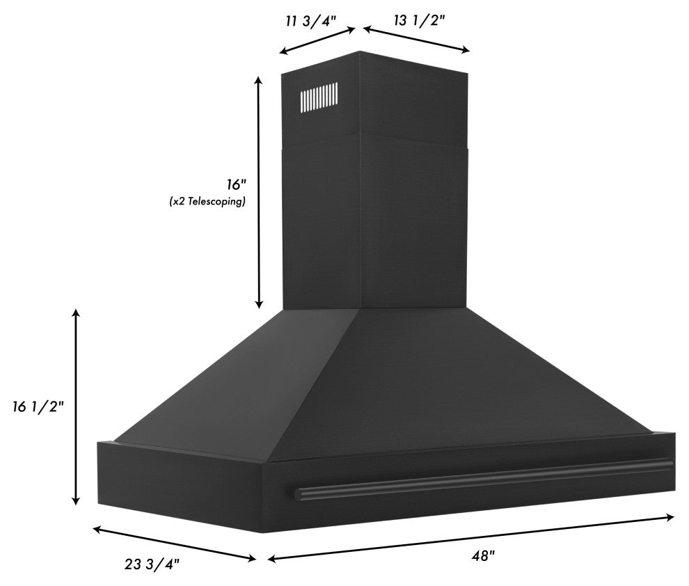 ZLINE 48" Wall Mount Range Hood, Black Stainless Steel, BS655-48-BS