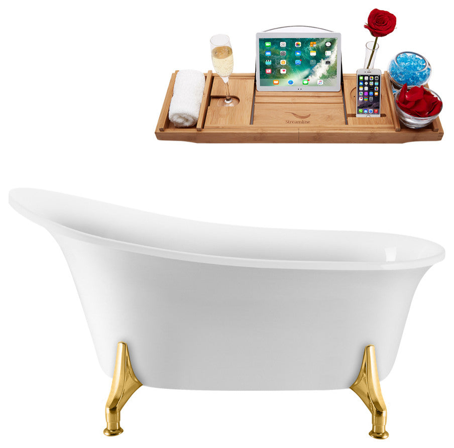 59" Streamline N1100GLD-IN-WH Clawfoot Tub and Tray With Internal Drain