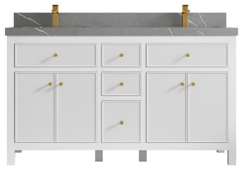 Sonoma 60 Double Sink Reeded Bathroom Vanity in White 2" Piatra Gray
