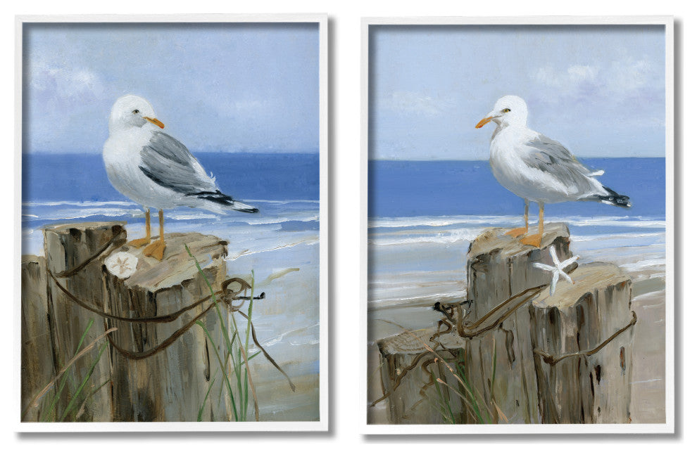 Seagulls Beach Shore Wooden Pillars Sanddollar Starfish Scene,11 x 14