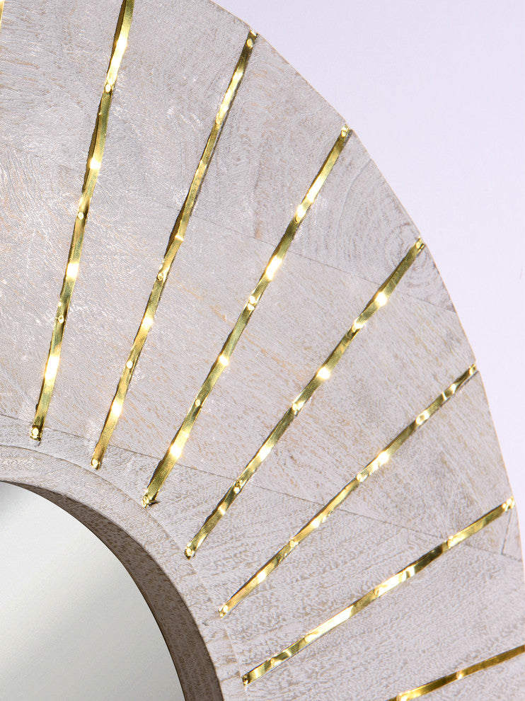 Round Whitewashed Wood Mirror with Gold Finish Inlay