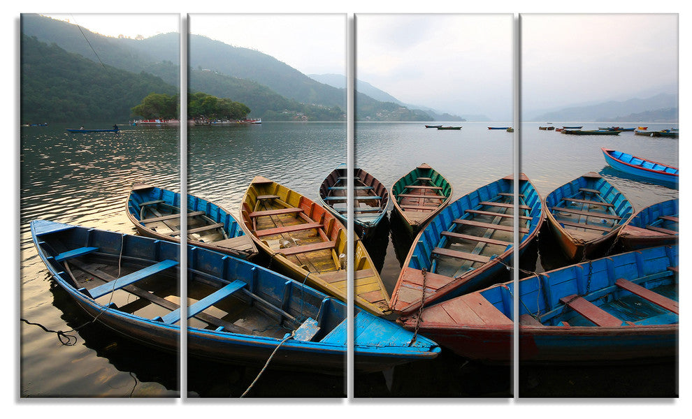 Beautiful Boats in Phewa Lake, Boat Canvas Art Print, 48"x28", 4 Panels