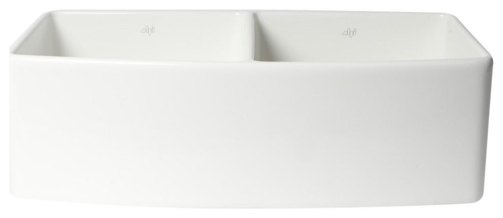 ALFI Brand ABFC3320D-W Smooth Curved Apron Two Bowl Fireclay Farm Sink with Gri