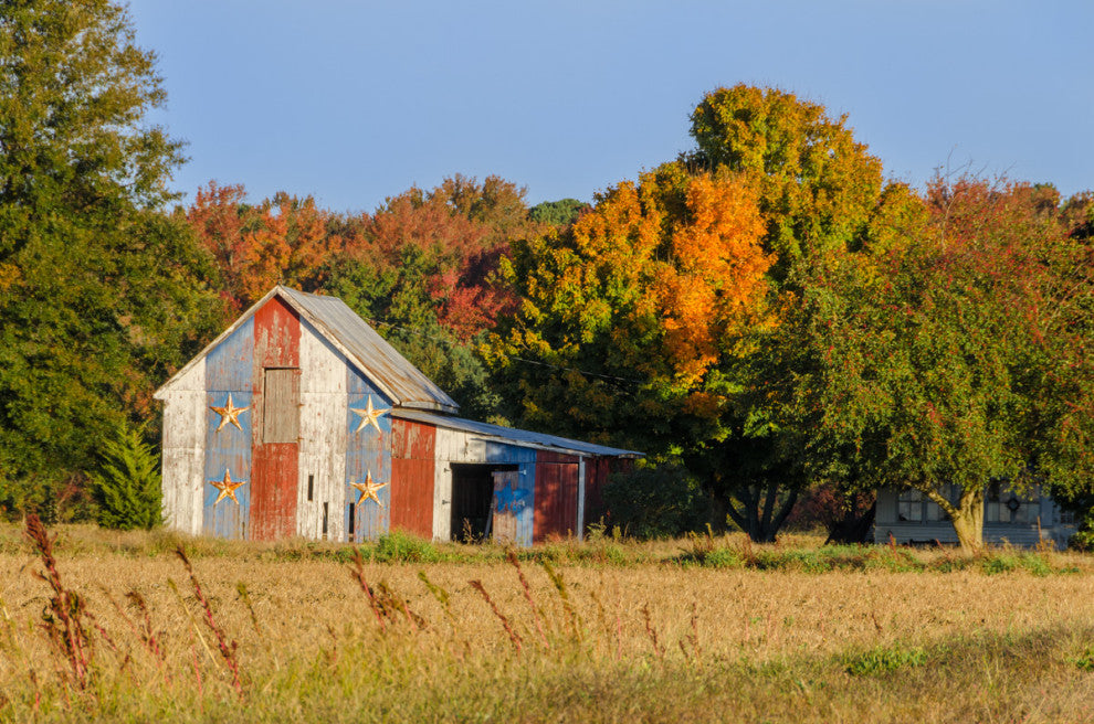 Patriotic Barn in Field Landscape Photo, Rural Unframed Wall Art Print, 11" X 14"