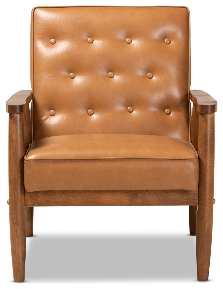 Sorrento Mid-Century Tan Faux Leather and Walnut Wood Lounge Chair