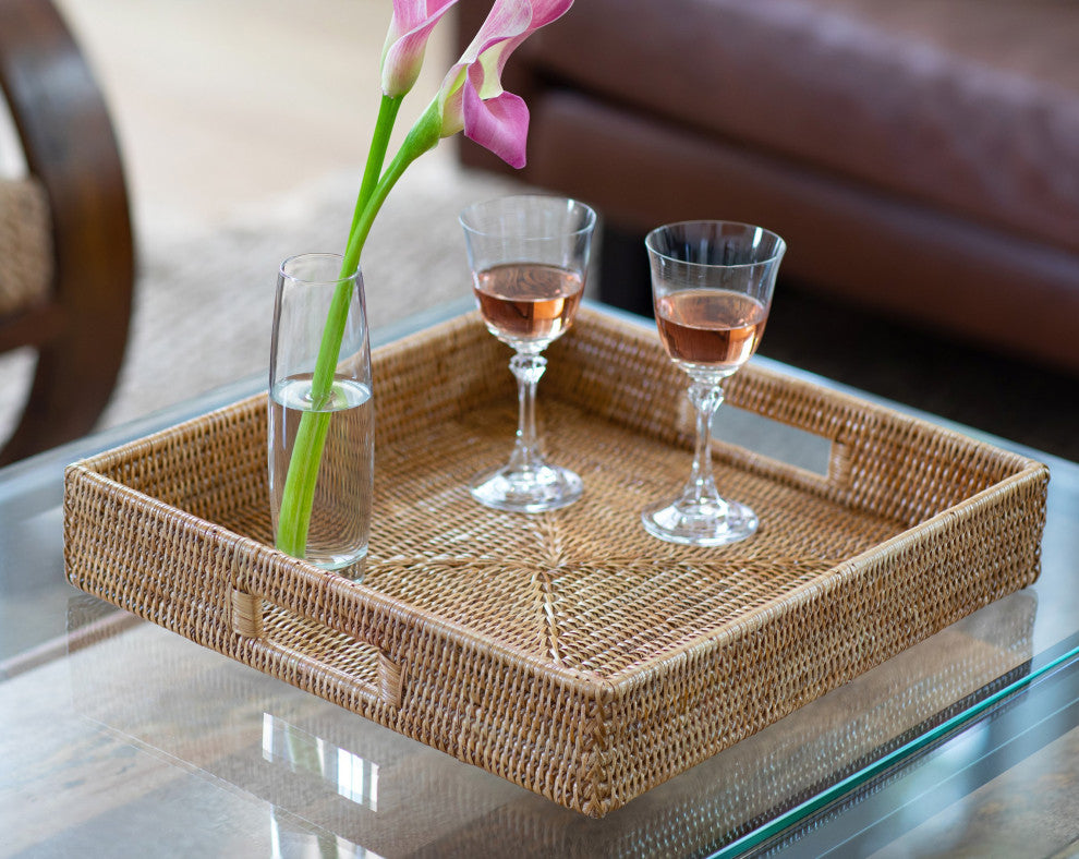 Artifacts Rattan™ Square Ottoman Tray with Cutout Handles, Honey Brown, 16"x16