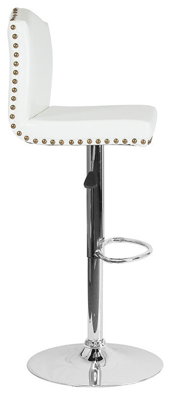 Contemporary Adjustable Height Barstool With Accent Nail Trim, White Leather