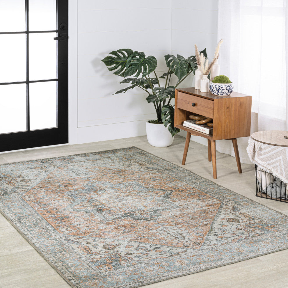 Armae Distressed Chenille Machine-Washable Rug, Terra/Blue, 5 X 8