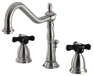 Widespread Lavatory Faucet,Black Porcelain Cross Handle,Satin Nickel