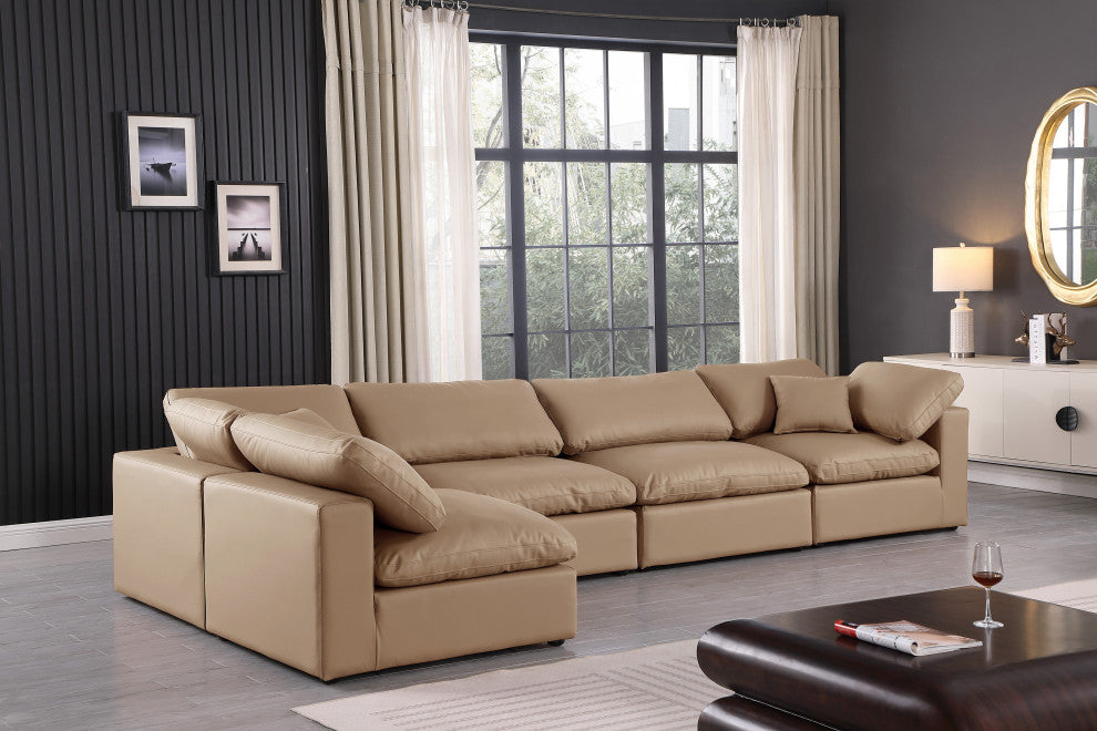 Comfy Upholstered L-Shaped Modular Sectional, Tan, 5-Piece: 3 Armless Chair, 2 Corner Chair, Vegan Leather