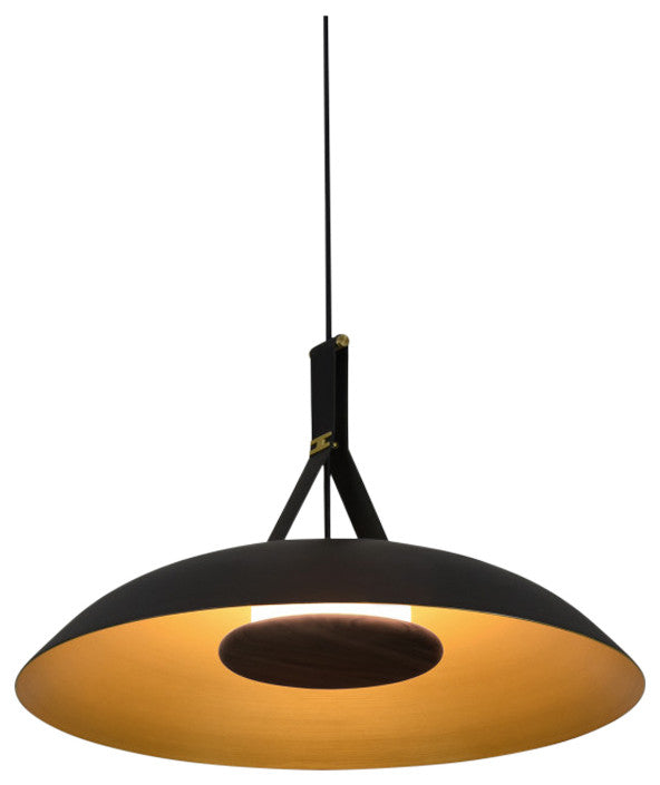 Volo LED Pendant, Noir, Brushed Brass/ Black Leather/Dark Stained Walnut, 3000K