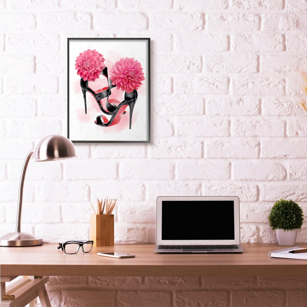 Pink High Heel Glam Fashion Flower Painting, 24"x30", Black Frame