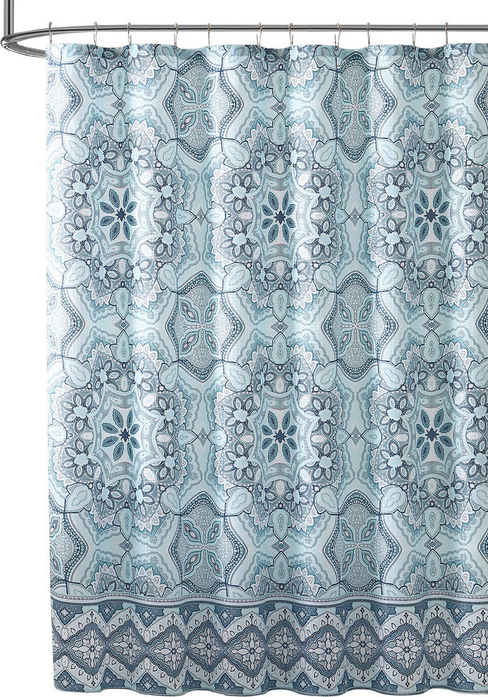 Teal Aqua Fabric Shower Curtain, Floral Gems Mandala Print with Geometric Border