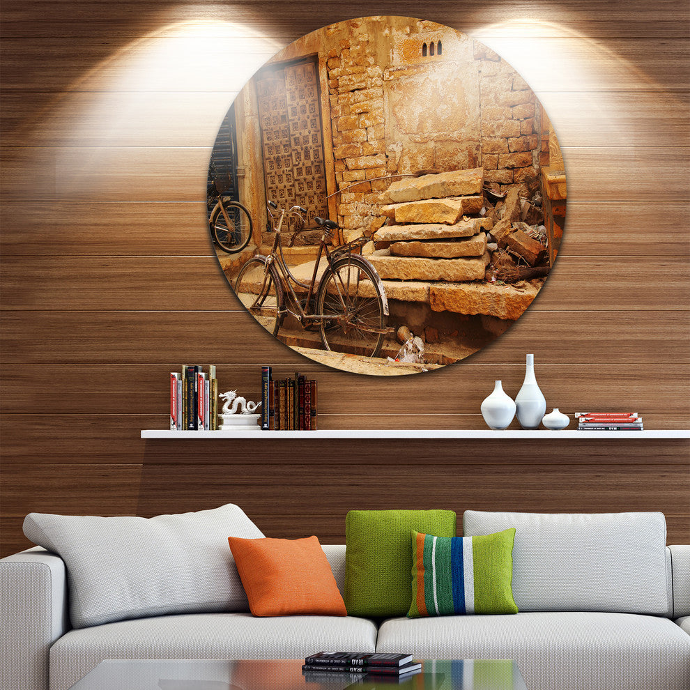 Bicycle Against Brown Wall, Landscape Photo Disc Metal Wall Art, 11"