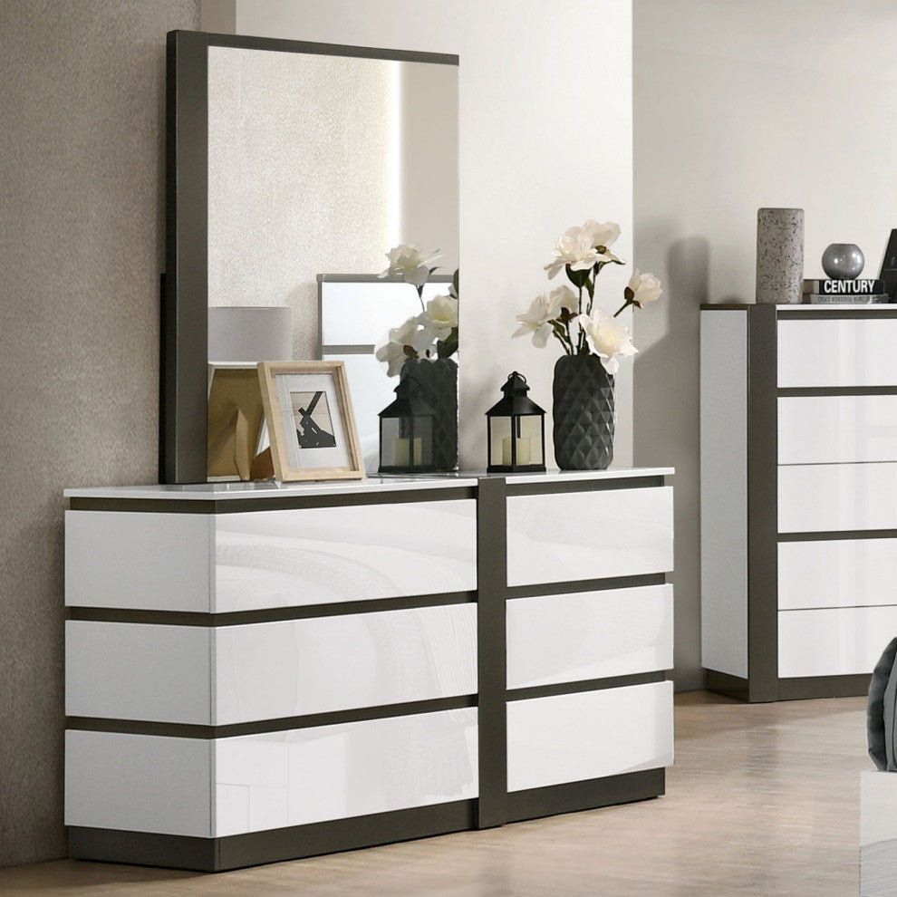 Wooden 6 Drawers Dresser in White and Metallic Gray