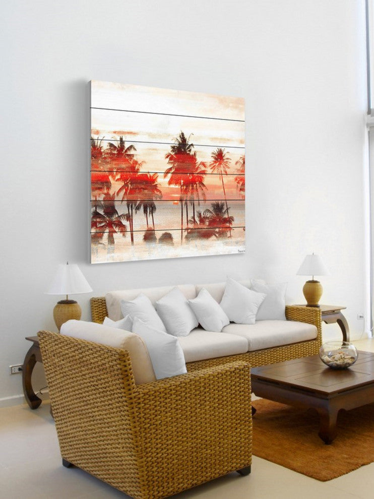 "Glowing Red Palms" Painting Print on White Wood, 24"x24"