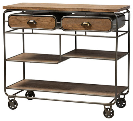 Bouck Rustic Industrial Oak Brown Wood and Black Metal 2-Drawer Kitchen Cart