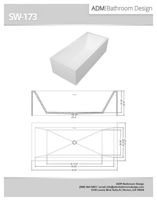 ADM Rectangular Freestanding Bathtub, White, 70.9", Matte White