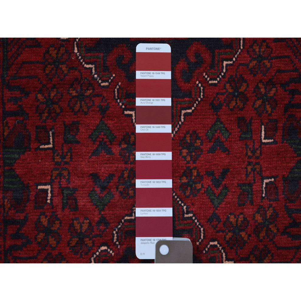 Deep Red, Afghan Khamyab, Soft Wool Hand Knotted Runner Rug, 2'7"x13'0"