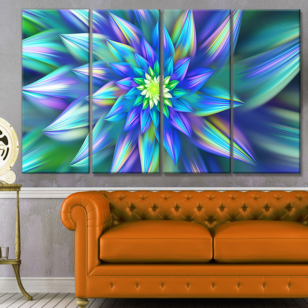 Huge Light Blue Fractal Flower, Floral Canvas Art Print, 48"x28", 4 Panels