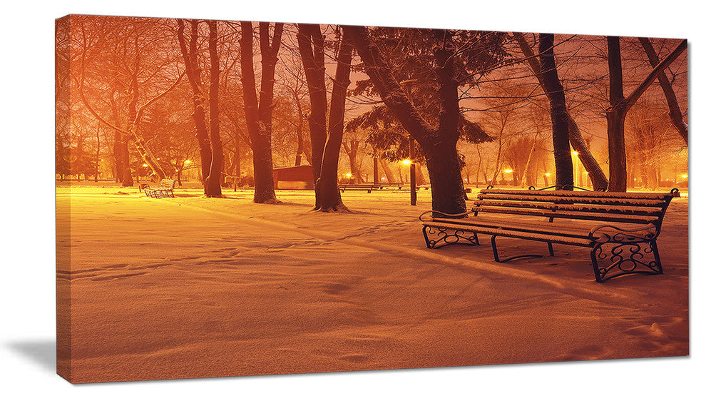Snow Covered Benches in Evening, Large landscape Canvas Art Print, 60"x28"