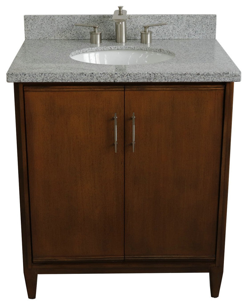 31" Single Sink Vanity, Walnut Finish, Gray Granite With Oval Sink