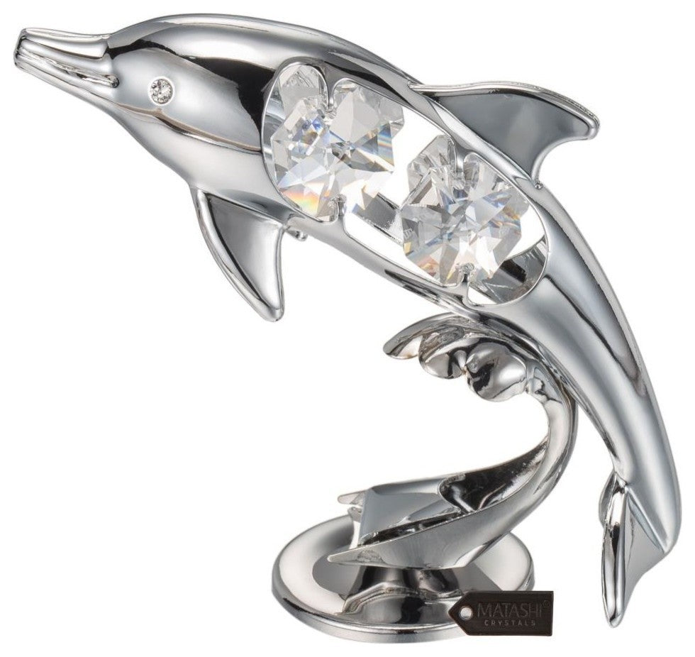 Chrome Plated Crystal Studded Silver Dolphin Riding Wave Figurine Ornament
