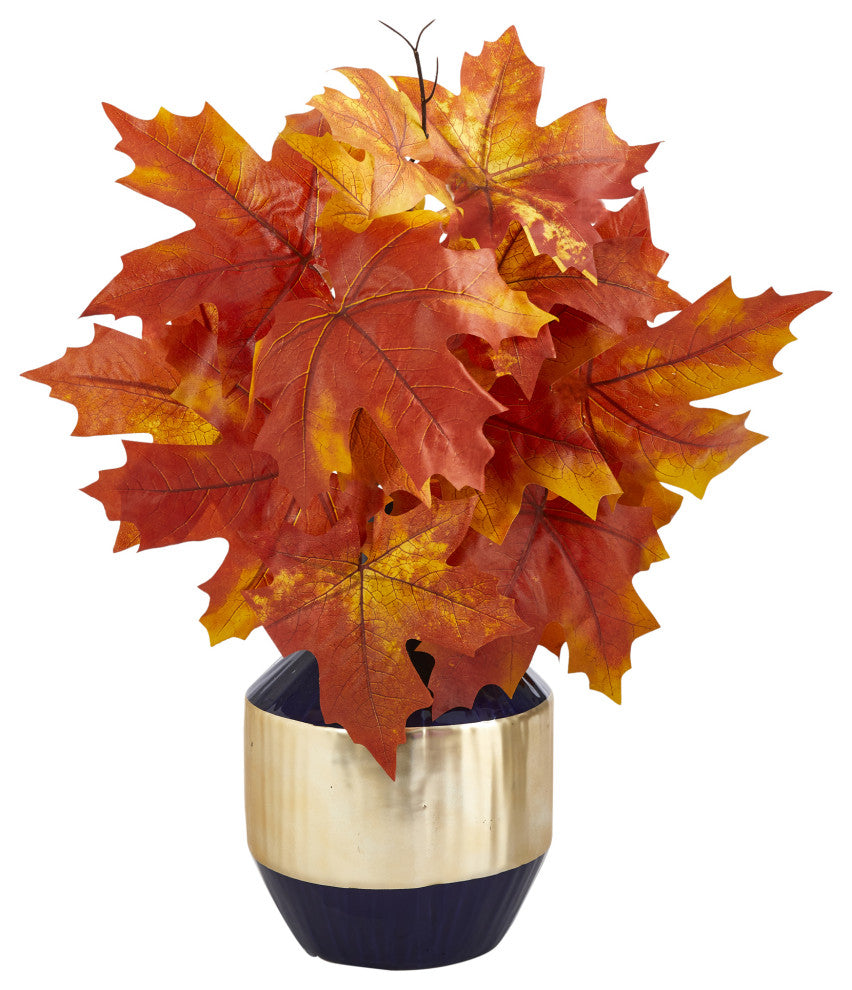 18" Autumn Maple Leaf Artificial Plant, Blue and Gold Planter