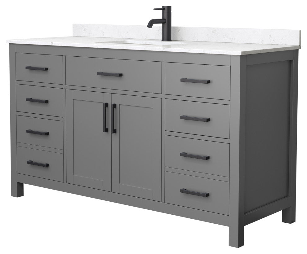 60"SGL Vanity Dark Gray, Carrara Cult. Marble Countertop, Sink, Black Trim