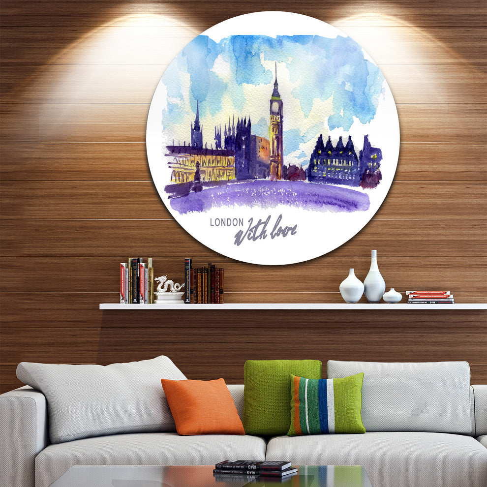 London Purple Illustration, Cityscape Painting Round Wall Art, 23"