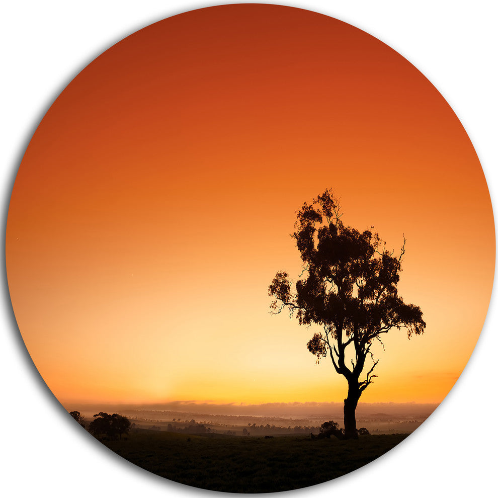 Sunrise With Lonely Tree, Disc Metal Artwork Landscape, 11"