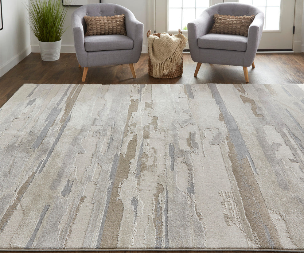 Weave & Wander Kayden Streak/Painterly Rug, Brown/Ivory, Rug, Ivory, 6'-7" X 9'-