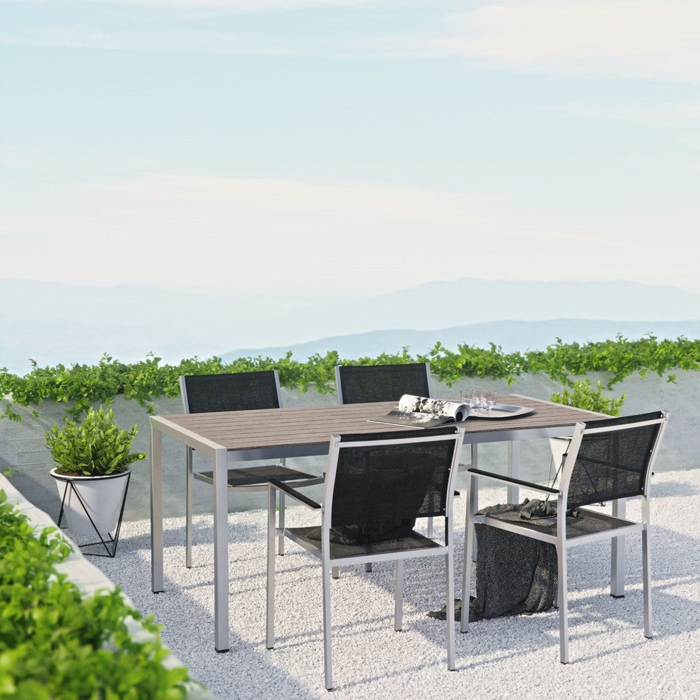 Modern Urban Outdoor Patio 5-Piece Dining Chairs and Table Set, Black, Aluminum