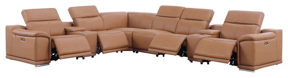 Federico 8-Piece L-Shaped Italian Leather Sectional, 4 Power Recliners, Cognac