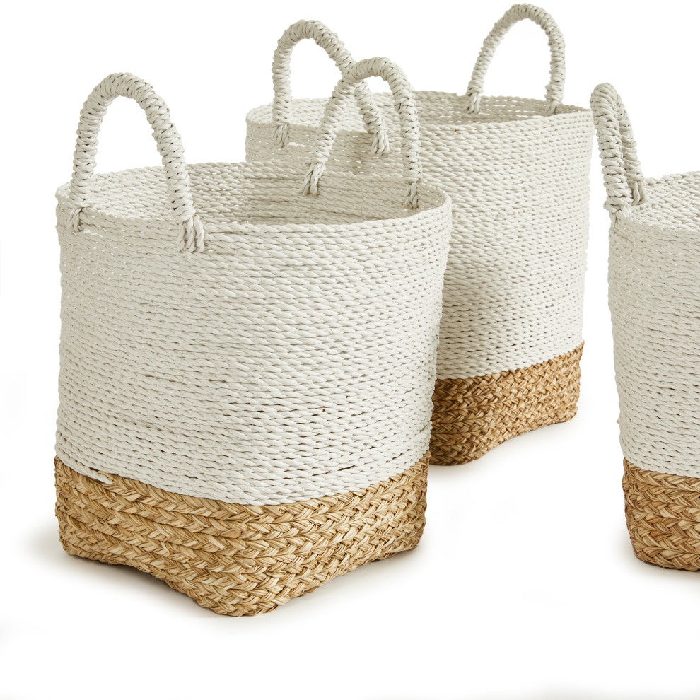 Set of 3 Contemporary Casual Natural White Round Tote Baskets Handles Large