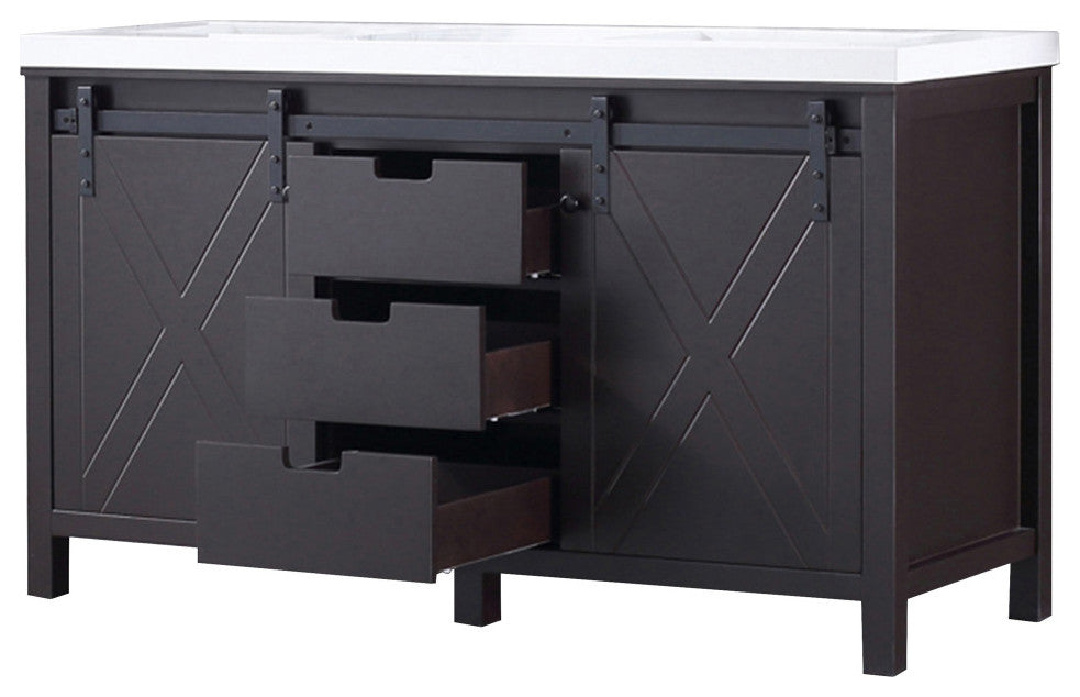 Marsyas 60" Brown Double Vintage Bathroom Vanity Cabinet Quartz Top Square Sinks