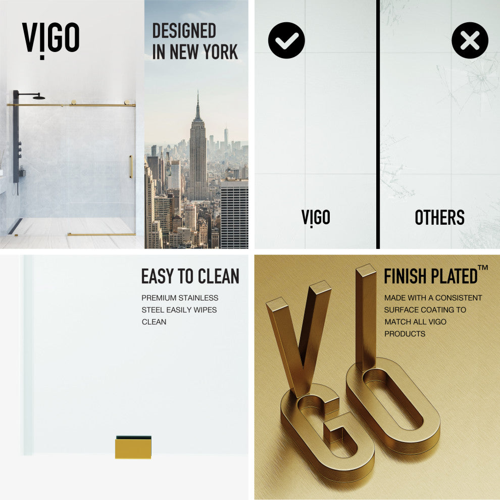 VIGO Elan Frameless Sliding Shower Door, V-Motion, Clear Glass, Matte Brushed Gold, 56" to 60" W X 76" H