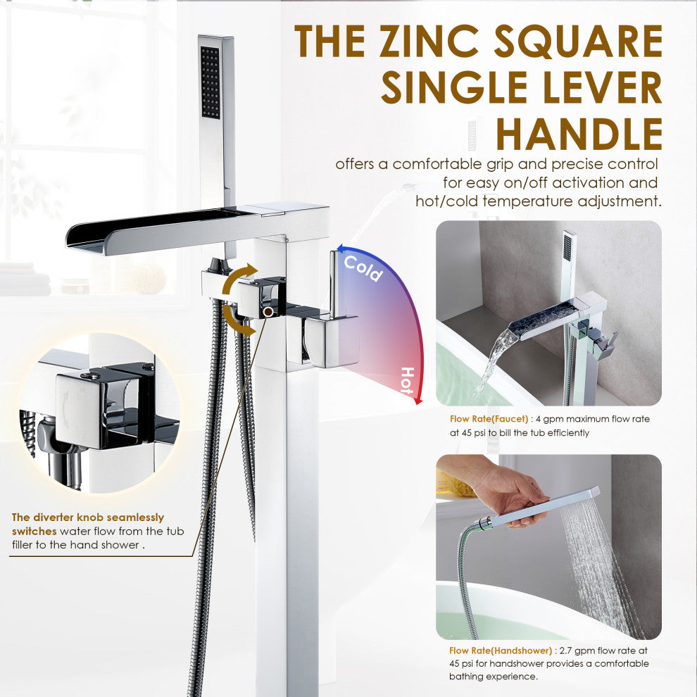 Camino Single Lever Handle Freestanding Floor Mounted Tub Filler, Polished Chome