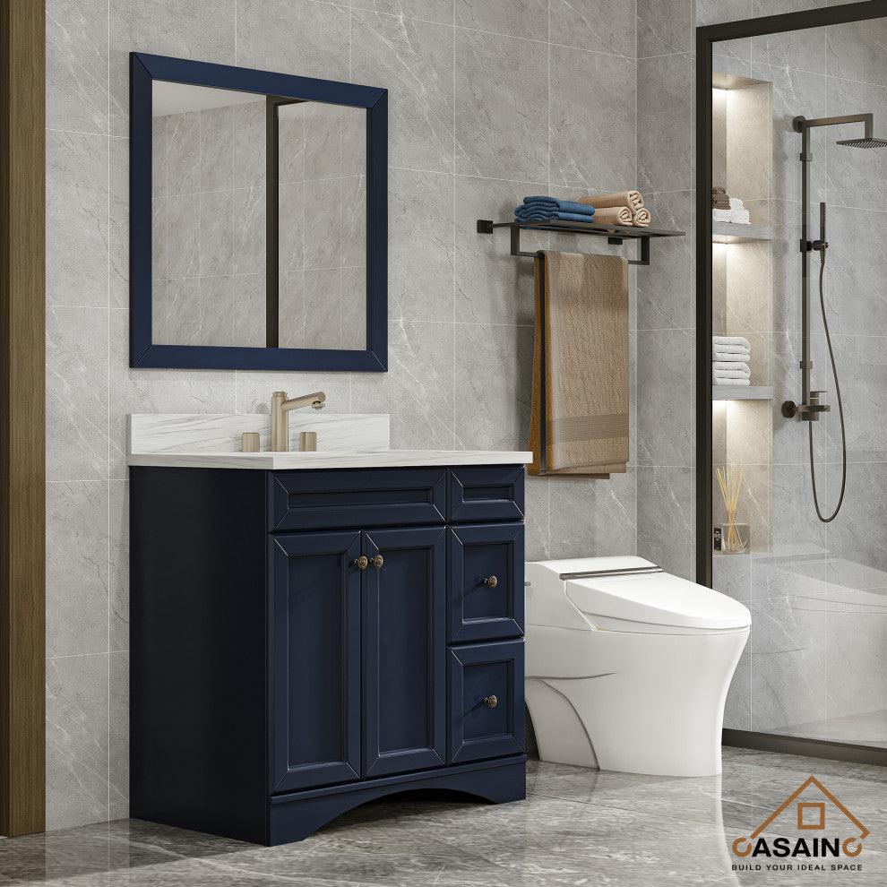 Single Sink Bath Vanity in Navy Blue with White Marble Top and Basin, 36in