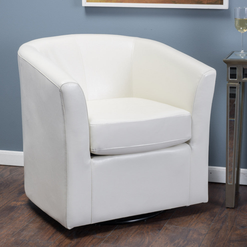 Corley Contemporary Upholstered Swivel Club Chair, Ivory, Faux Leather
