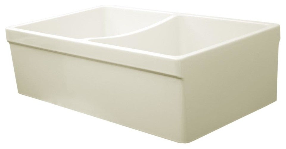Quatro Alcove Reversible Double Bowl Fireclay Sink, Biscuit
