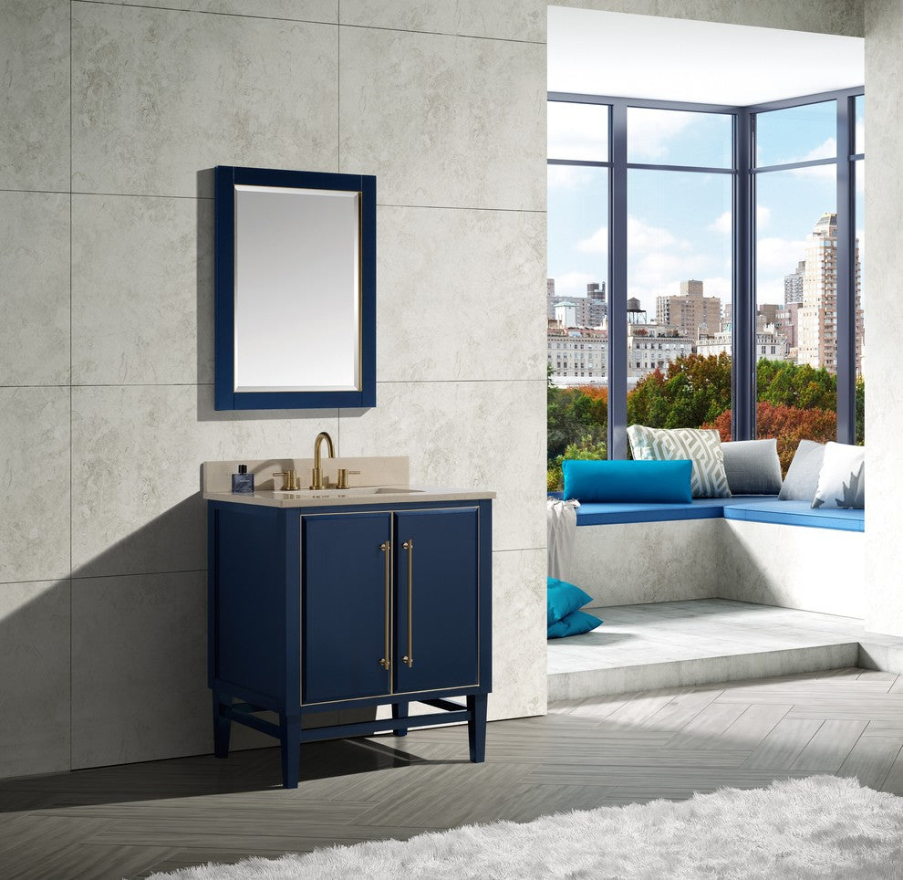 Mason 31" Vanity Combo, Navy Blue, Matte Gold Hardware / Natural 1" Crema Marfil Marble Countertop and Backsplash