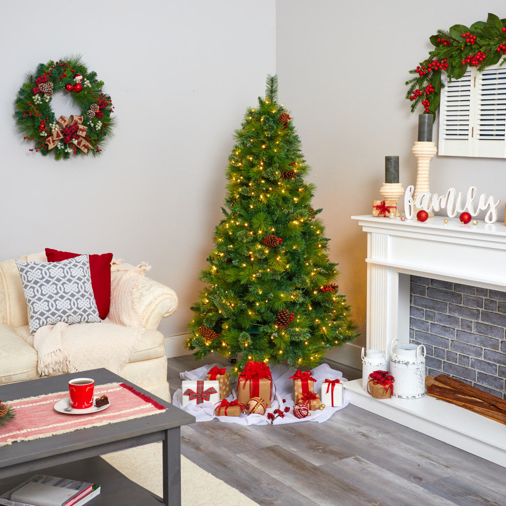 6' Montana Mixed Pine Faux Xmas Tree With Pine Cones, Berries & 350 Clear Lights